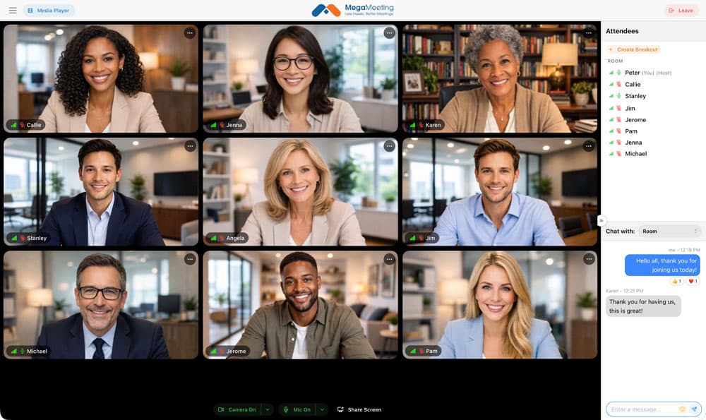 A MegaMeeting room in gallery view with nine participants, chat and the attendee list