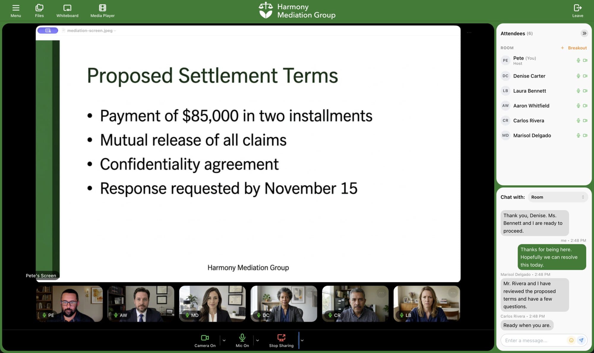 A mediator sharing proposed settlement terms with both parties and their counsel, in a room branded for a sample firm
