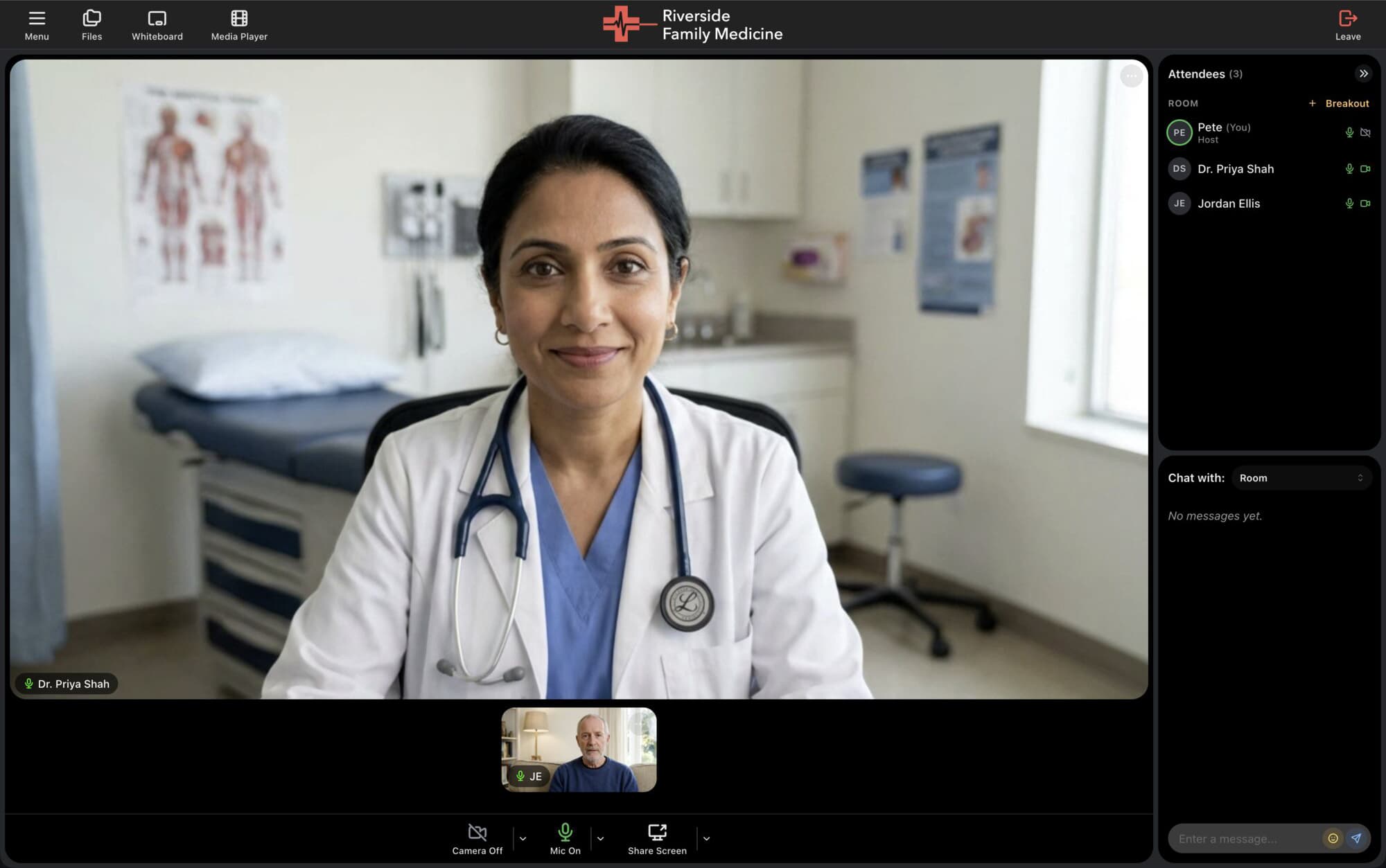 A telehealth visit branded for a sample practice, Riverside Family Medicine