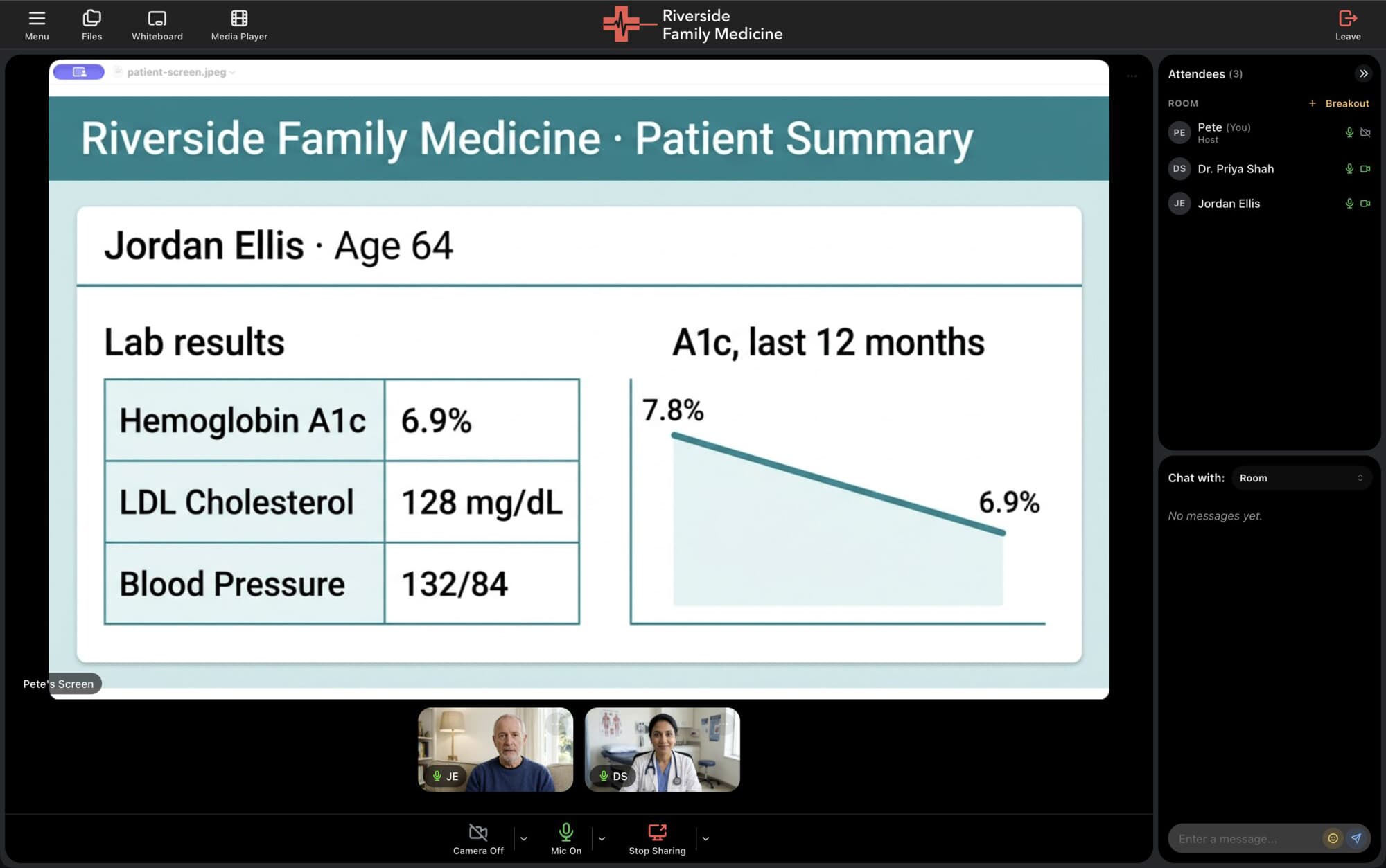 A doctor sharing a patient summary with lab results during a telehealth visit