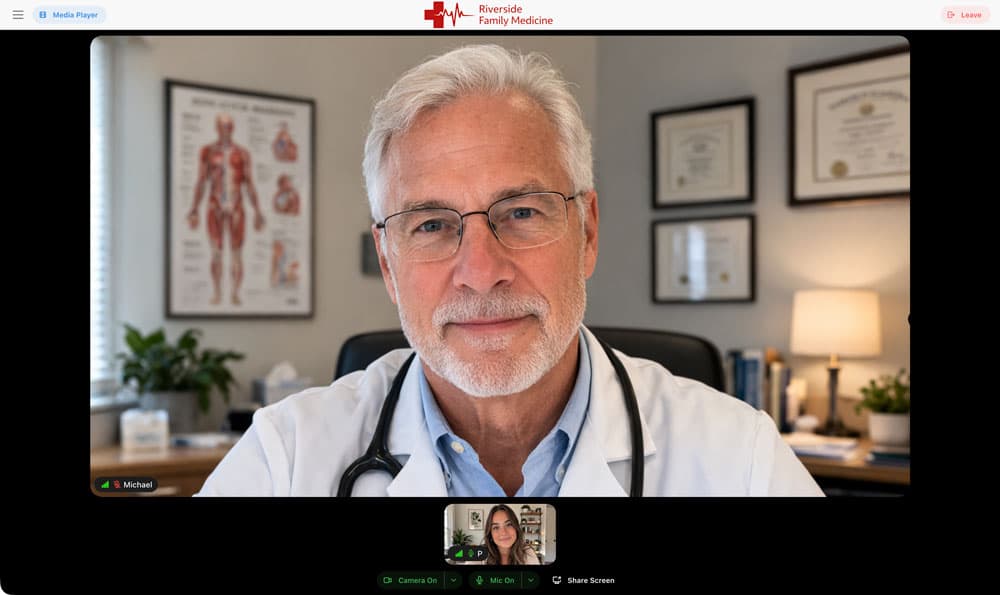 A telehealth room branded with a sample medical practice logo