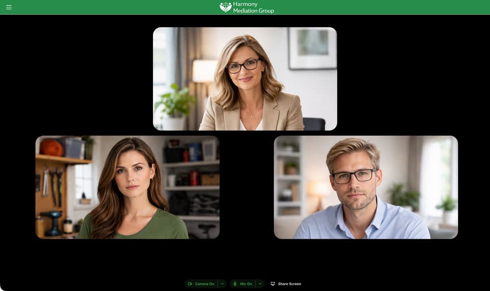 A mediation room with a green header and a sample mediation firm logo