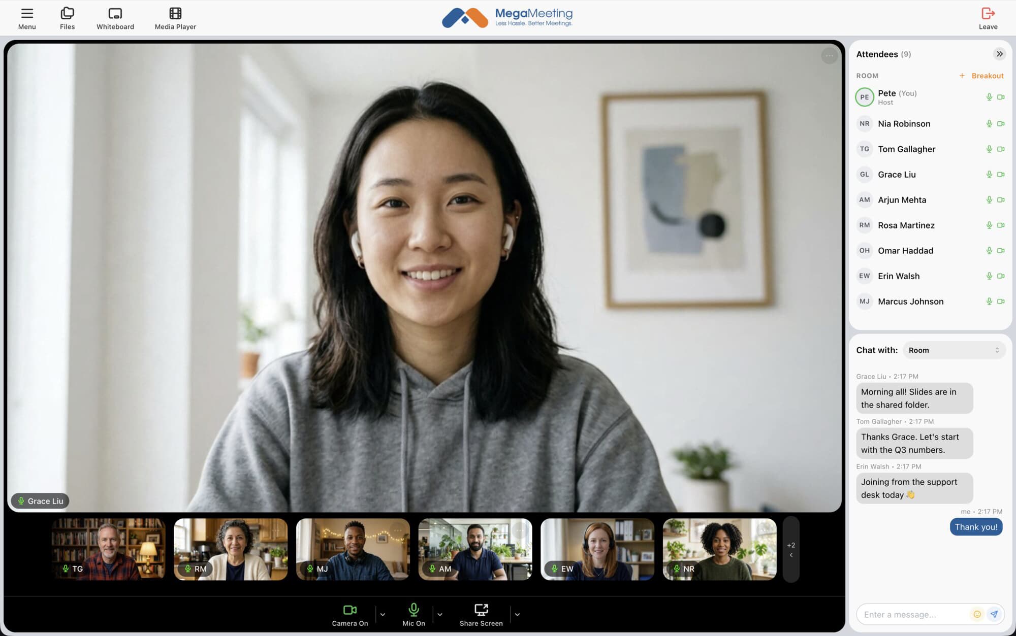 A video call running in the browser, in speaker view with the attendee list and chat