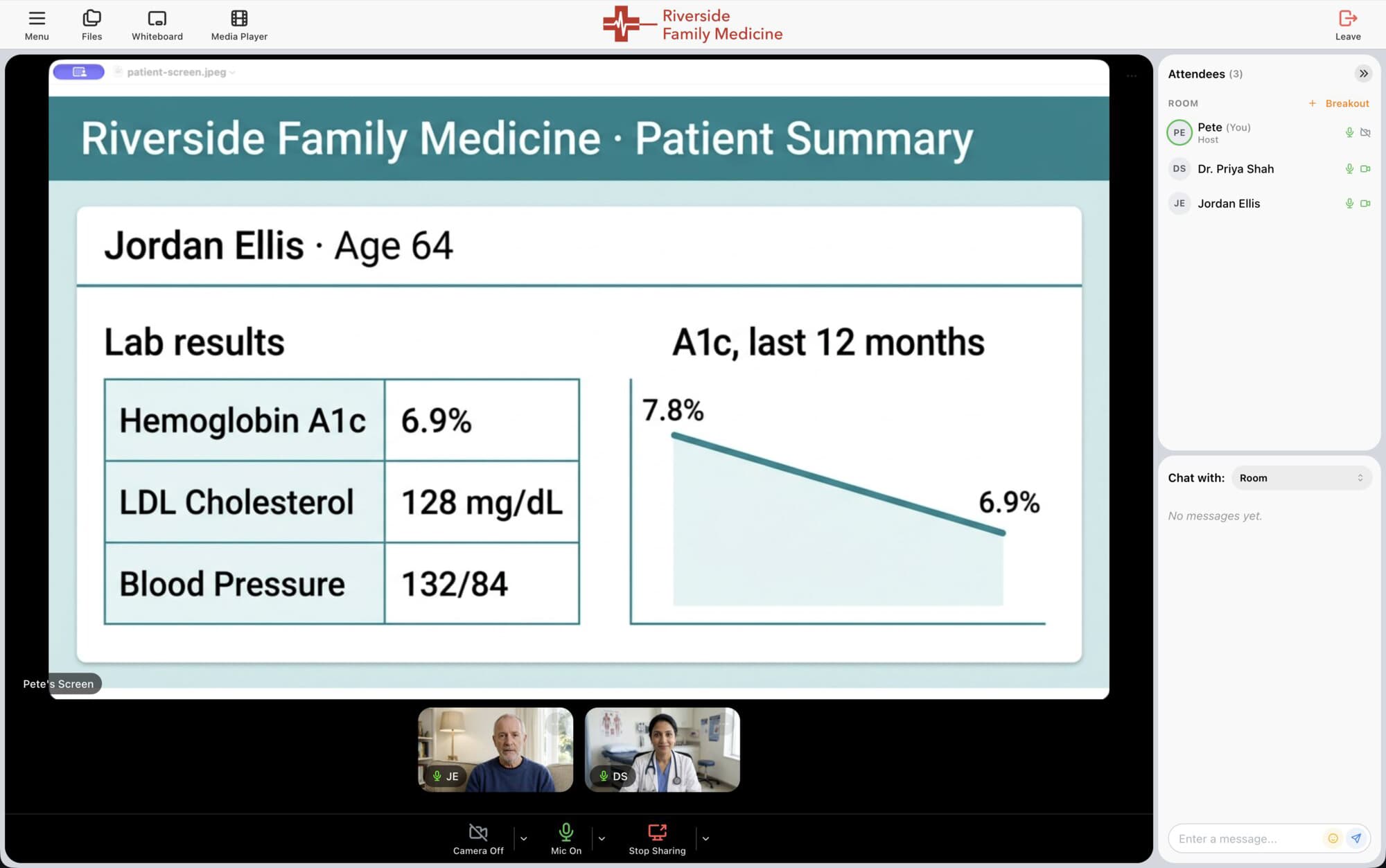 A telehealth visit branded for a sample practice, Riverside Family Medicine, with a patient summary shared on screen