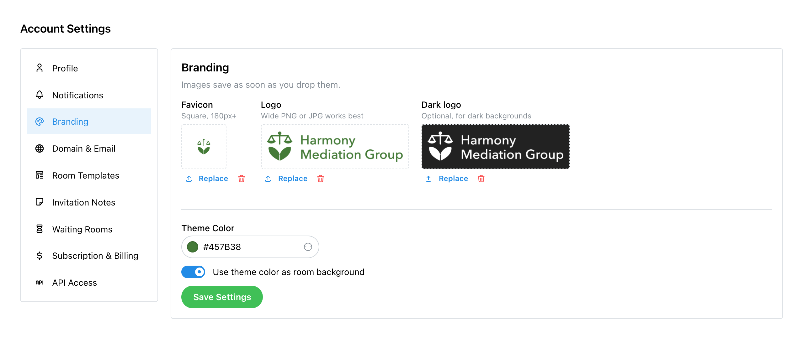 Settings, Branding with a favicon, logo, dark logo and a green theme color