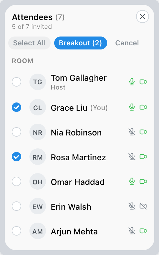 An attendee's list in the middle of choosing who to invite, with Breakout (2)