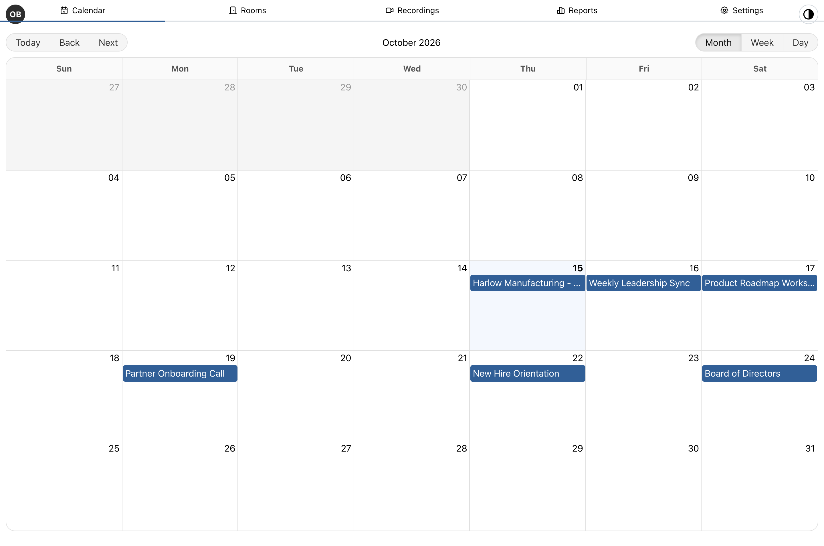 Calendar with scheduled meetings and the top navigation