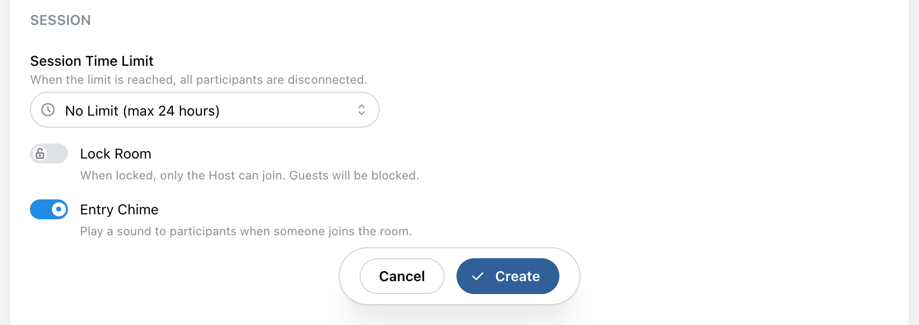 Session settings and the Create button at the bottom of the form