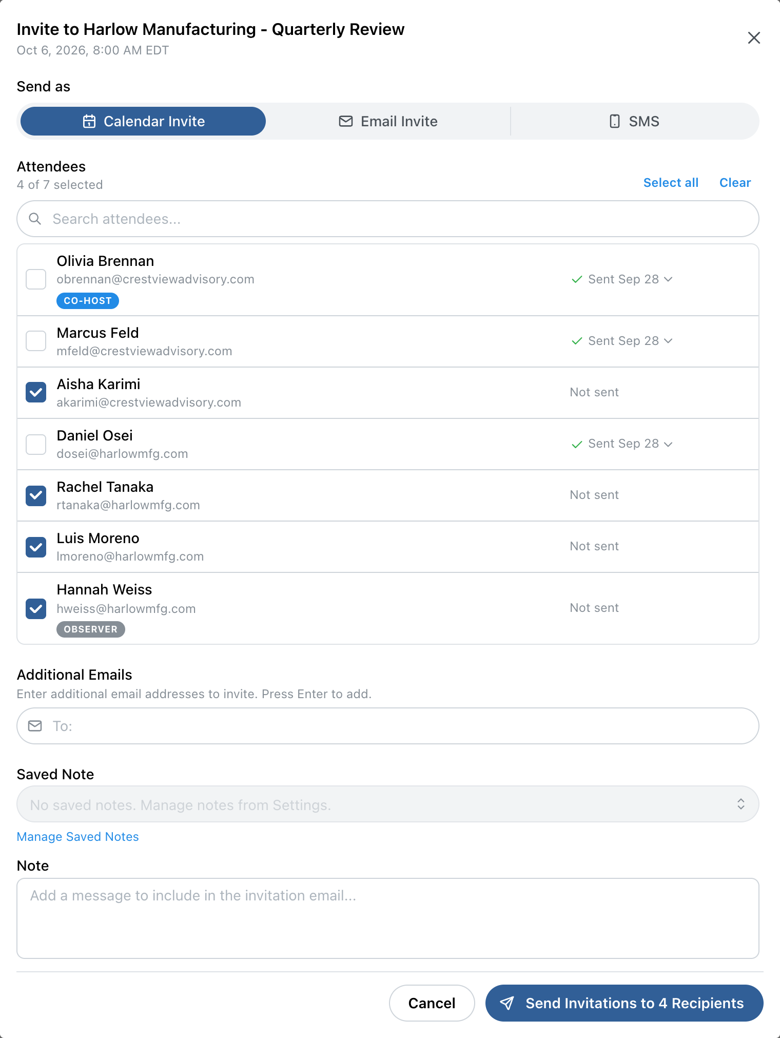 Invitations window with Send as options, sent status for each attendee, and the note