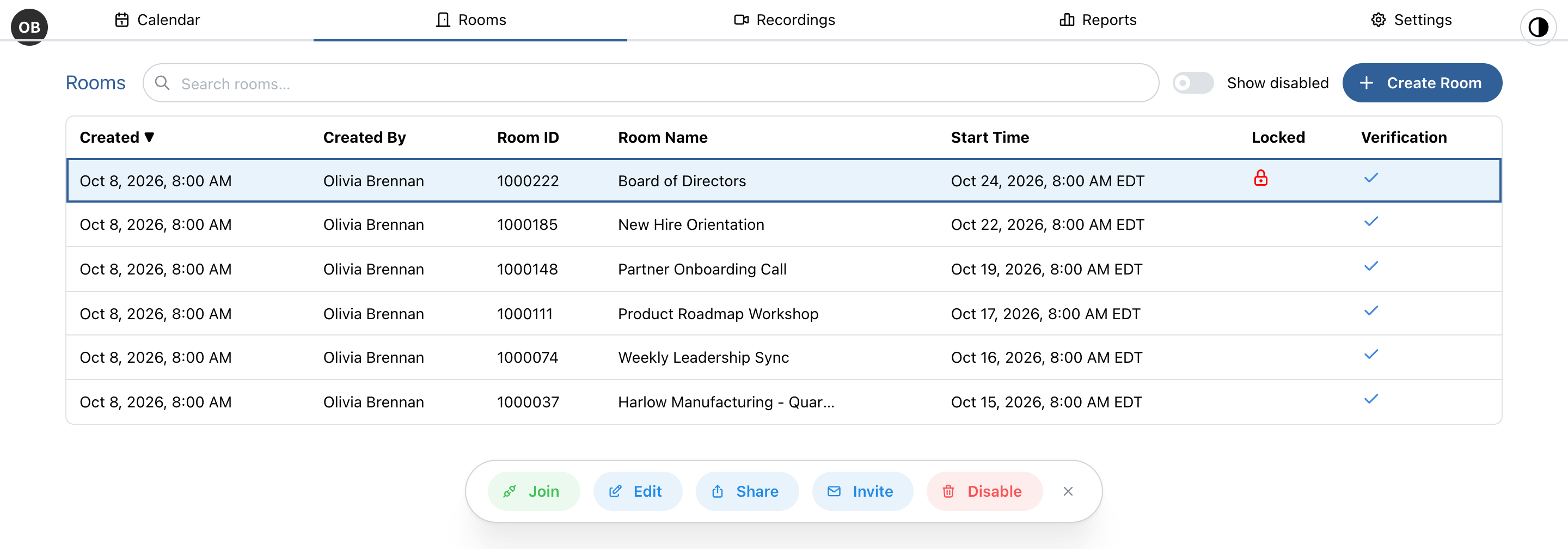 Rooms list with the Create Room button and the room action bar