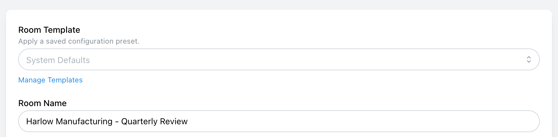 Room Template selector above the Room Name field