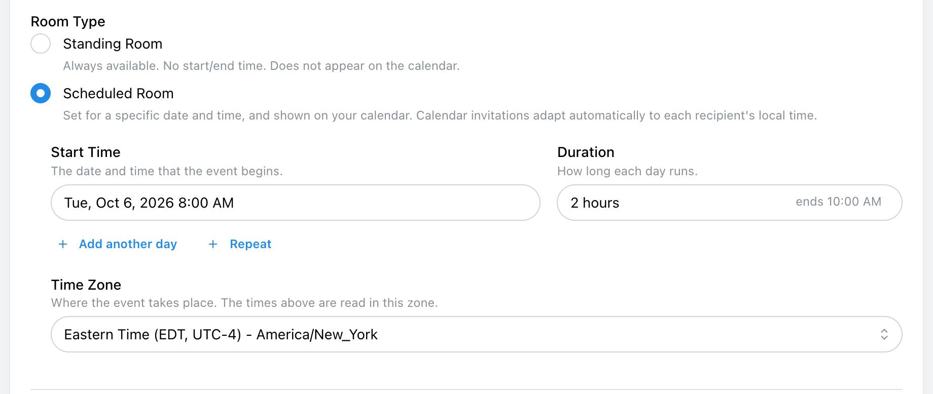 Scheduled Room with start time, duration, add another day, repeat, and time zone