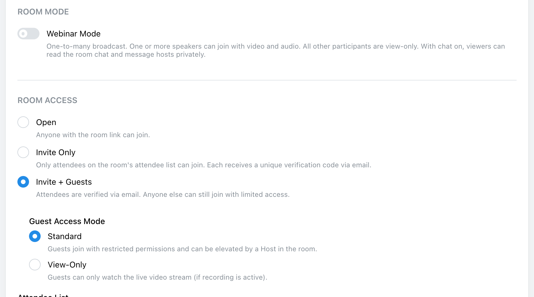 Webinar Mode switched off, Room Access options, and Guest Access Mode