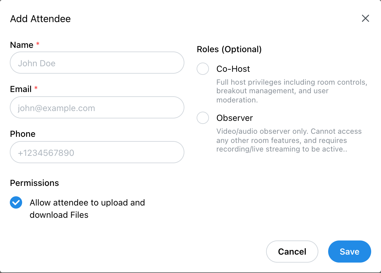 Add Attendee window with name, email, phone, the Files permission, and the Co-Host and Observer roles