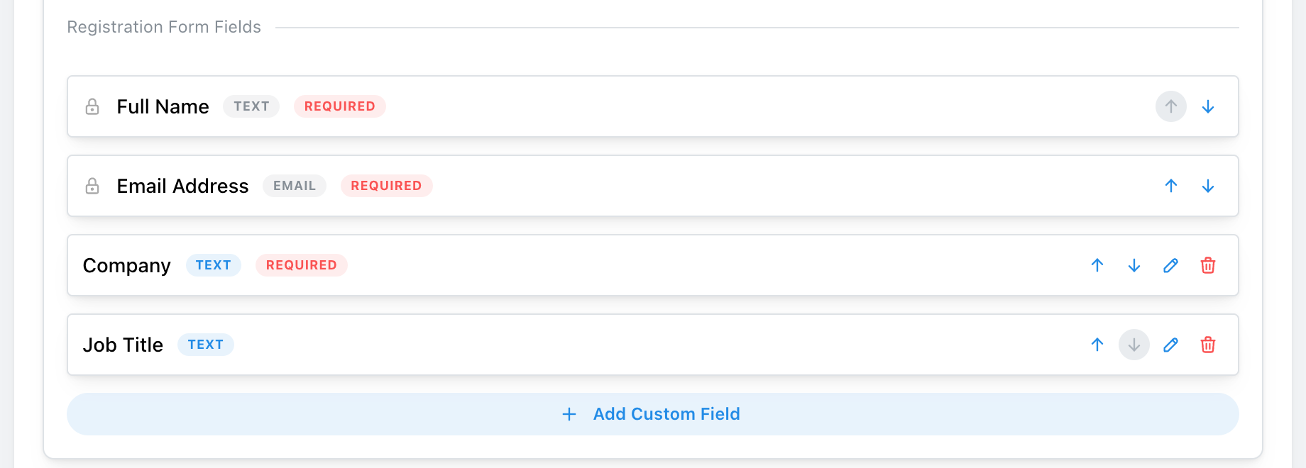 Registration form fields with Company and Job Title added