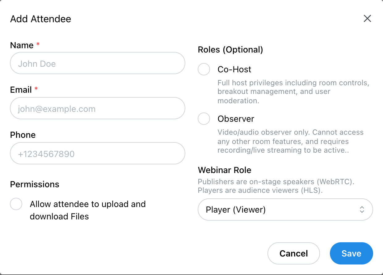 Add Attendee window with the Webinar Role set to Player (Viewer)