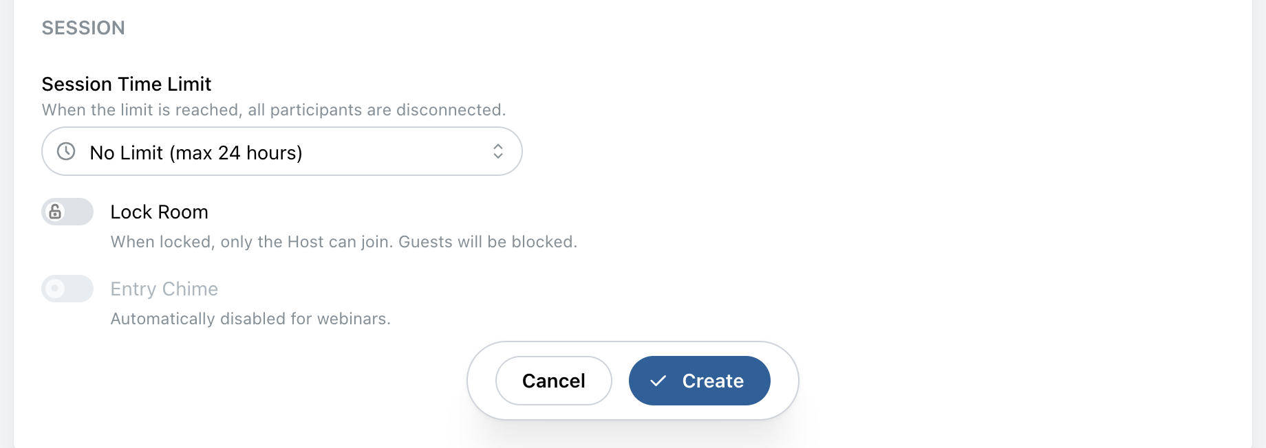 Session settings with the entry chime disabled for webinars