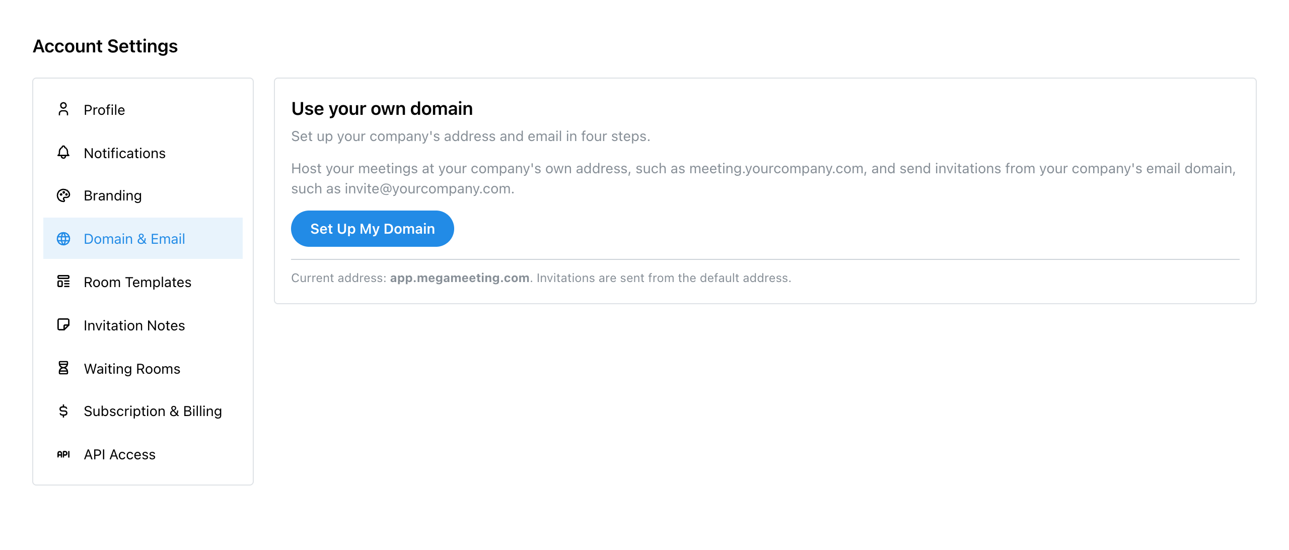 Settings, Domain and Email, with the Set Up My Domain button