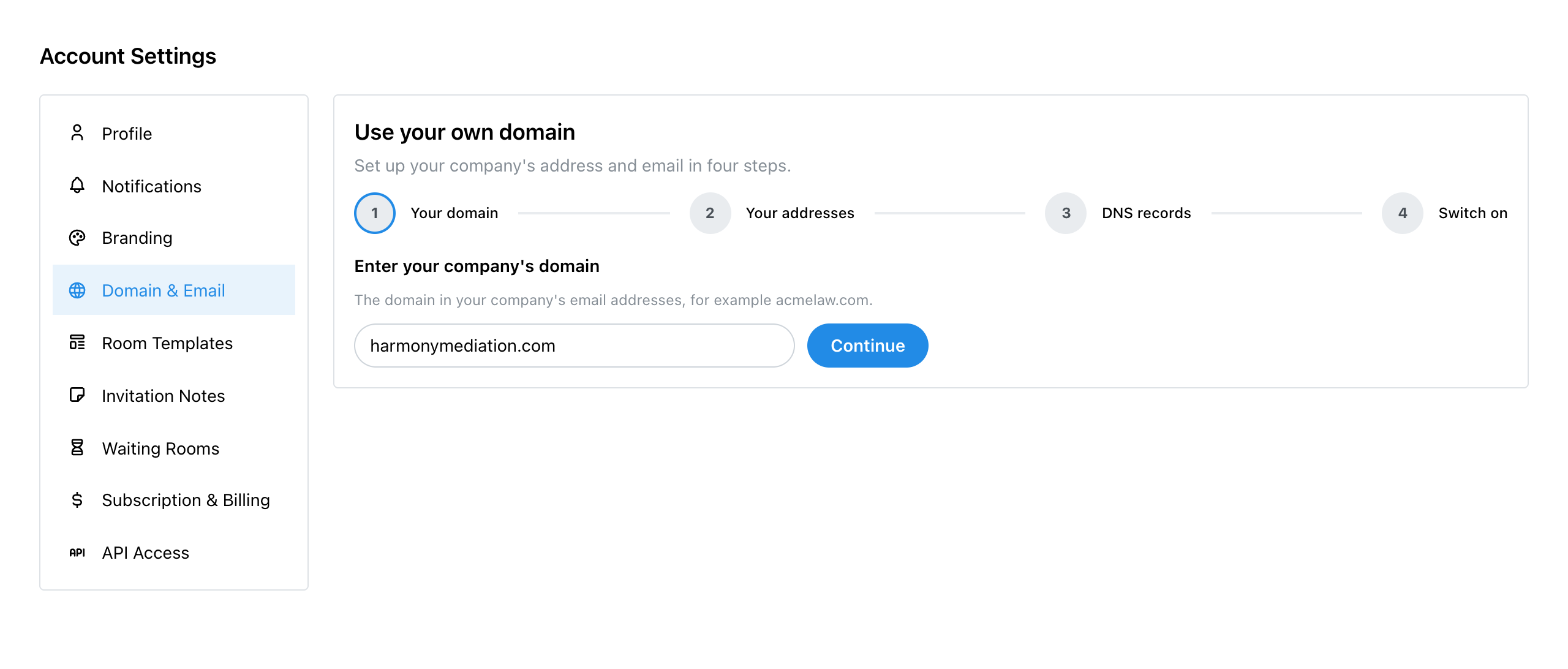 Step 1, Your domain, with harmonymediation.com entered