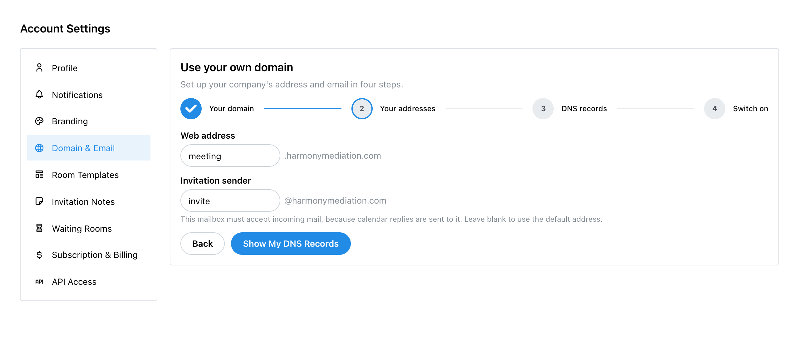 Step 2, Your addresses, with meeting as the web address and invite as the sender