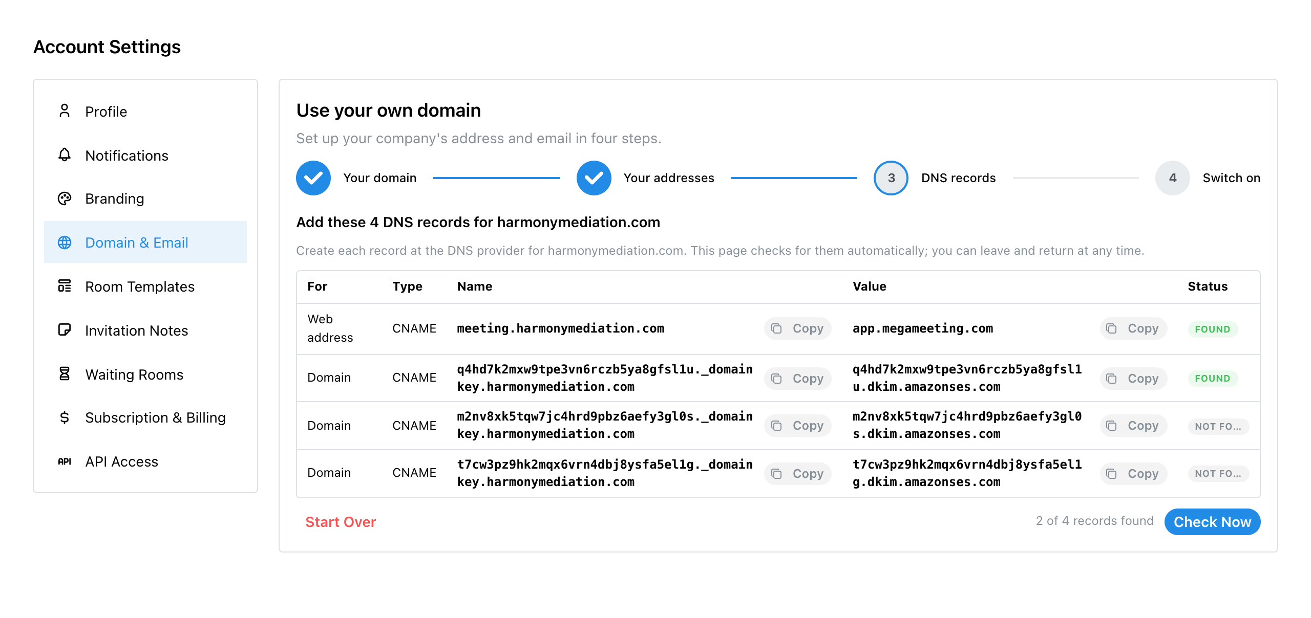 Step 3, the four DNS records, two found and two not found yet