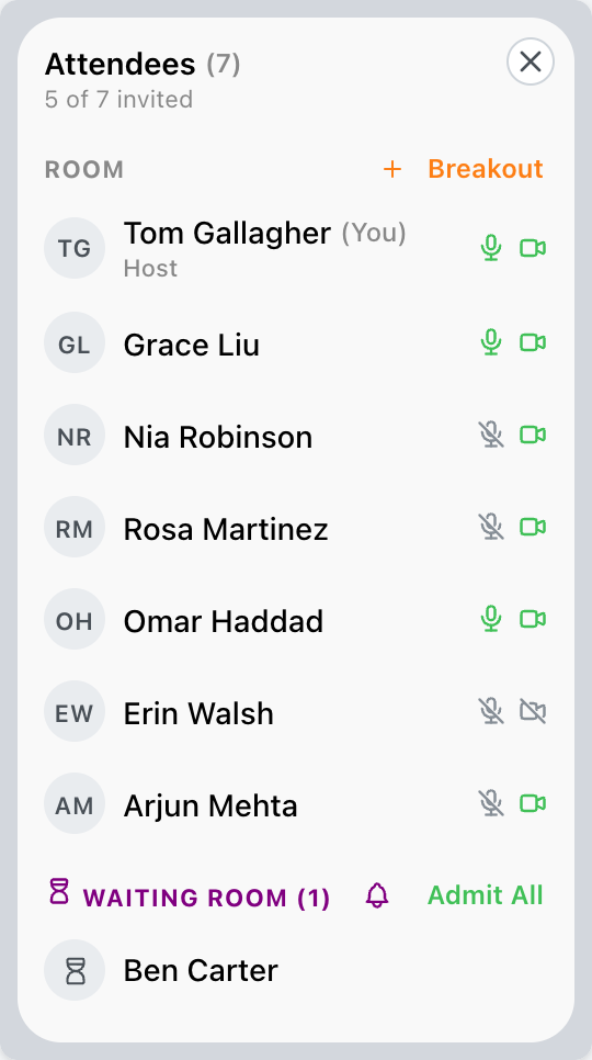 The attendee list with one guest in the waiting room and Admit All