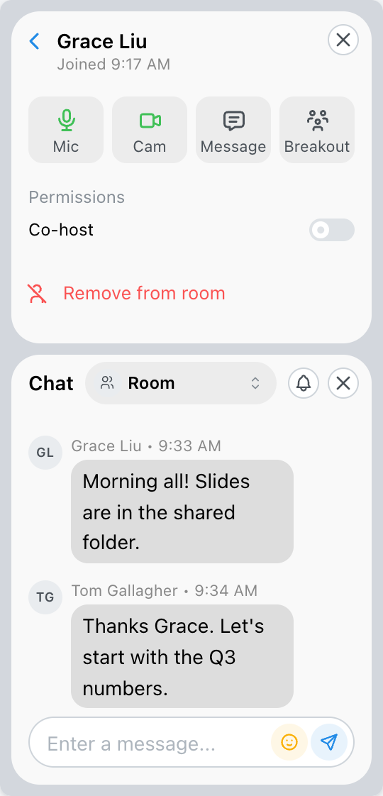 Attendee card with Mic, Cam, Message and Breakout, the Co-host switch, and Remove from room