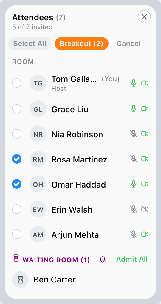 Attendee list while choosing two people for a breakout, with Breakout (2) and Cancel