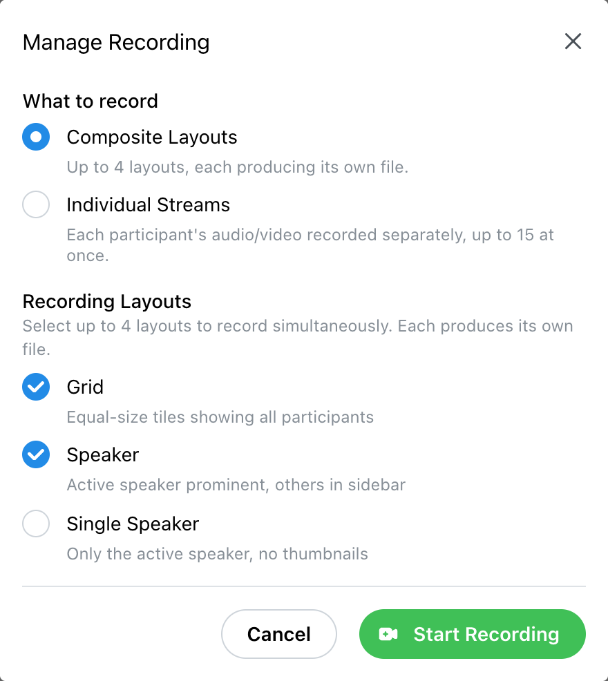 Manage Recording before starting, with Grid and Speaker selected and Start Recording