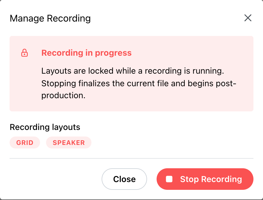 Manage Recording while recording, with the Grid and Speaker layouts shown and Stop Recording