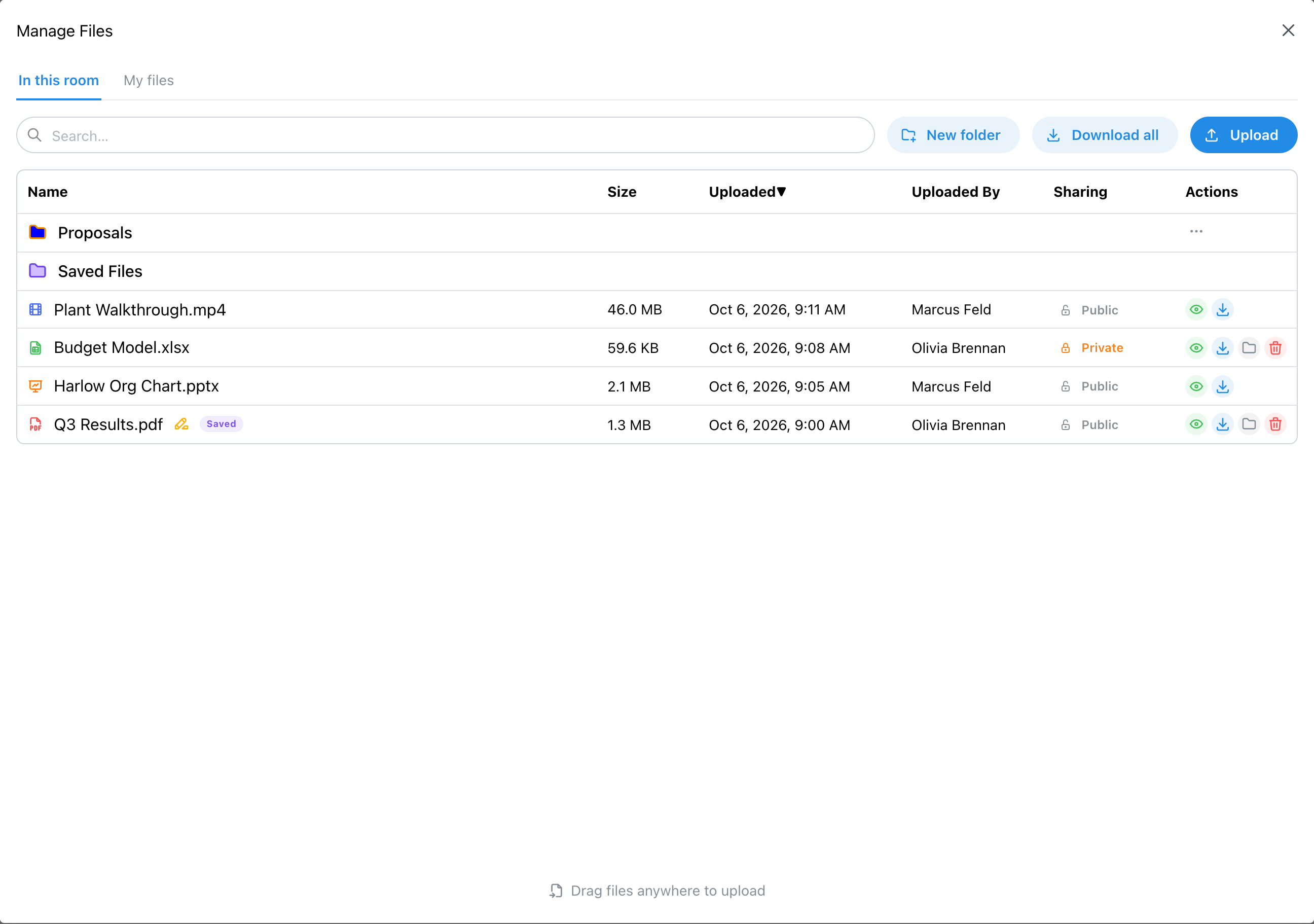 Manage Files with a Proposals folder, Saved Files, and four files with their sharing
