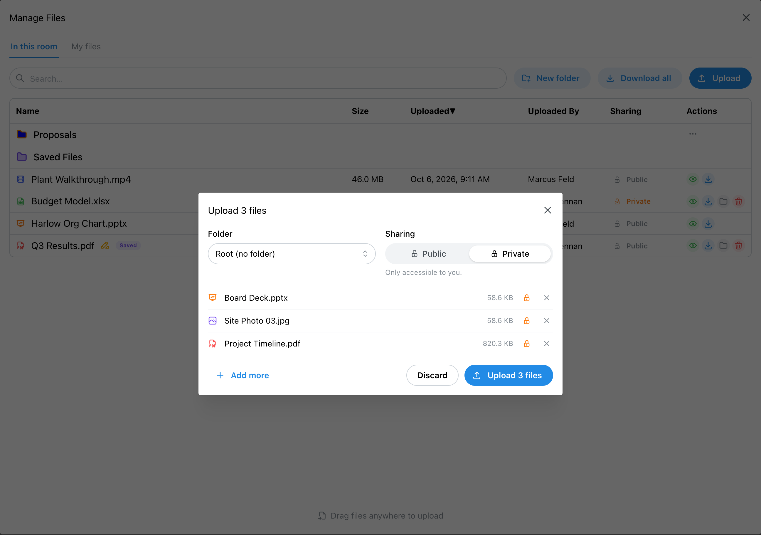 The upload window with three files, a folder choice, and Sharing set to Private