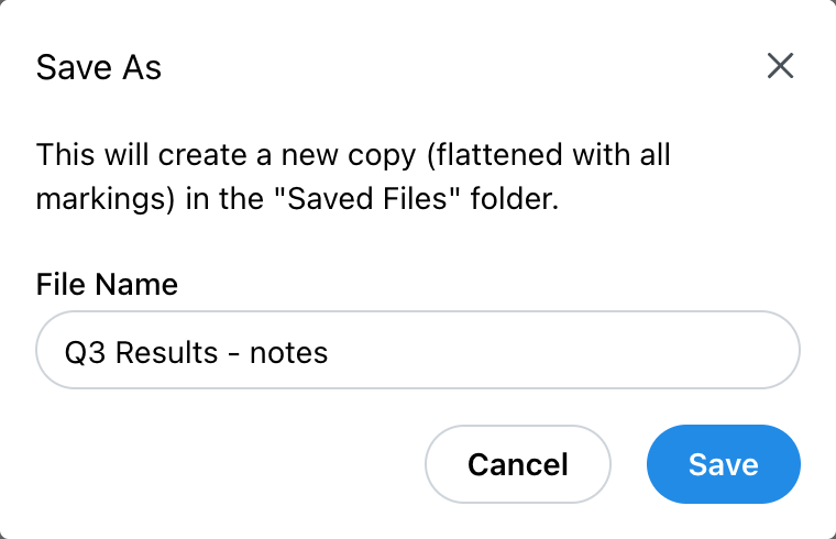 Save As, naming the marked-up copy before it goes into Saved Files