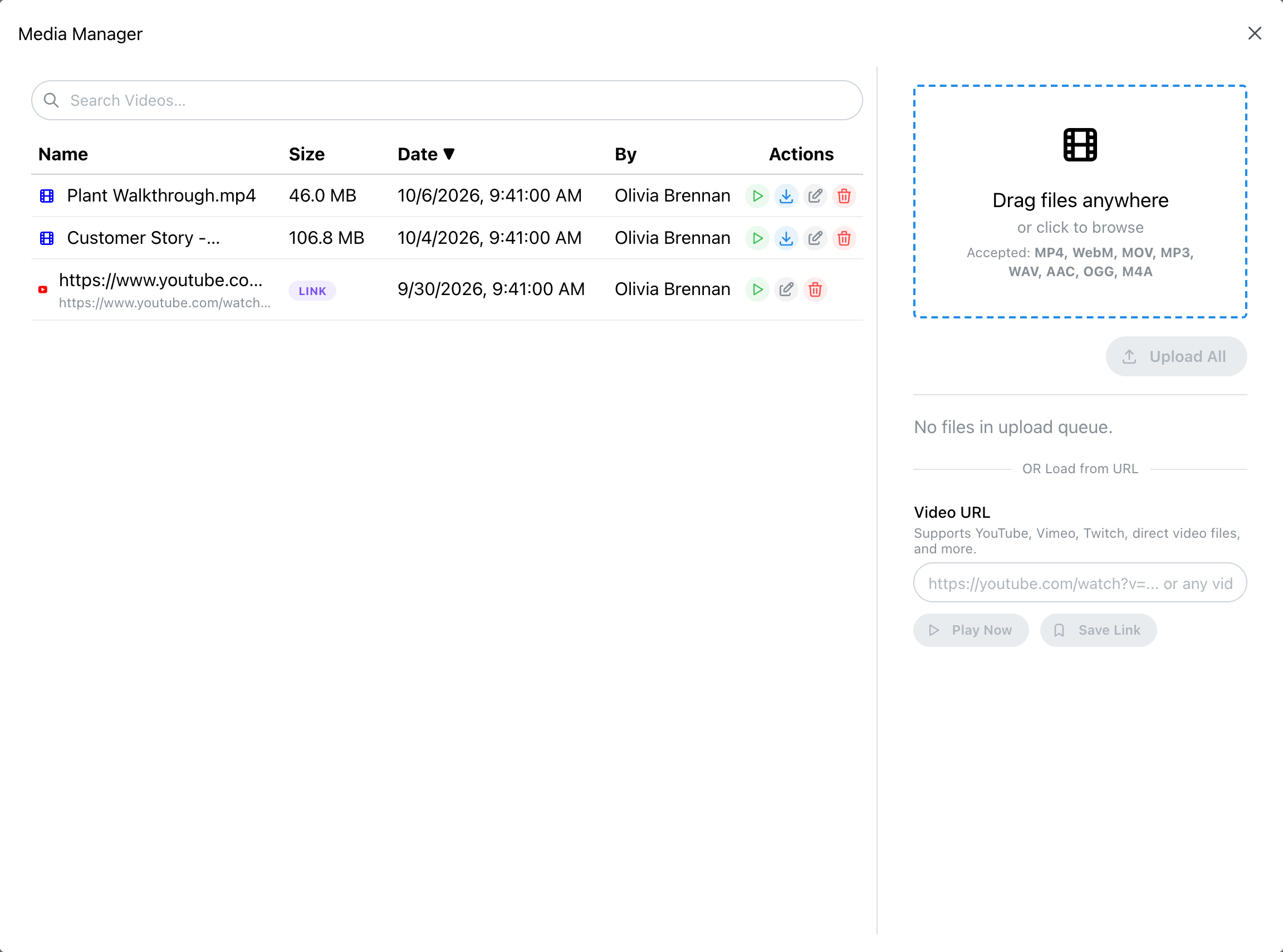 Media Manager with two uploaded videos, a saved YouTube link, and the upload and URL area