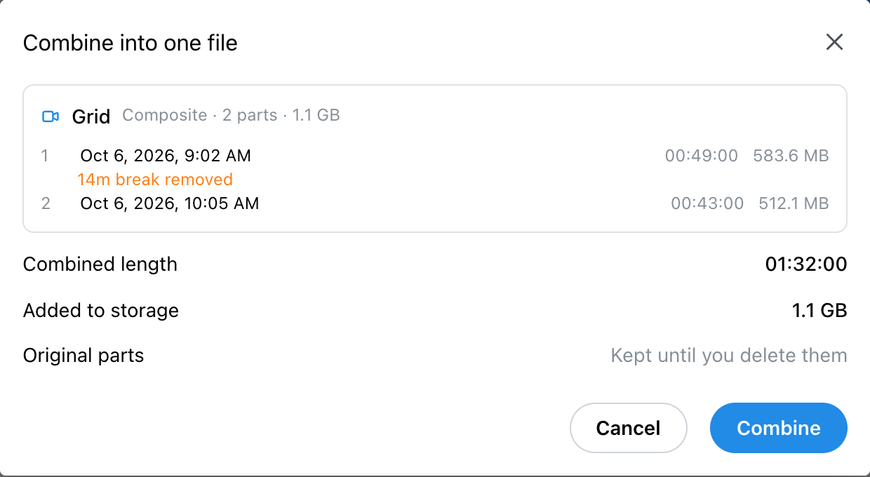 Combine into one file, with two Grid parts, a 14 minute break removed, and the combined length