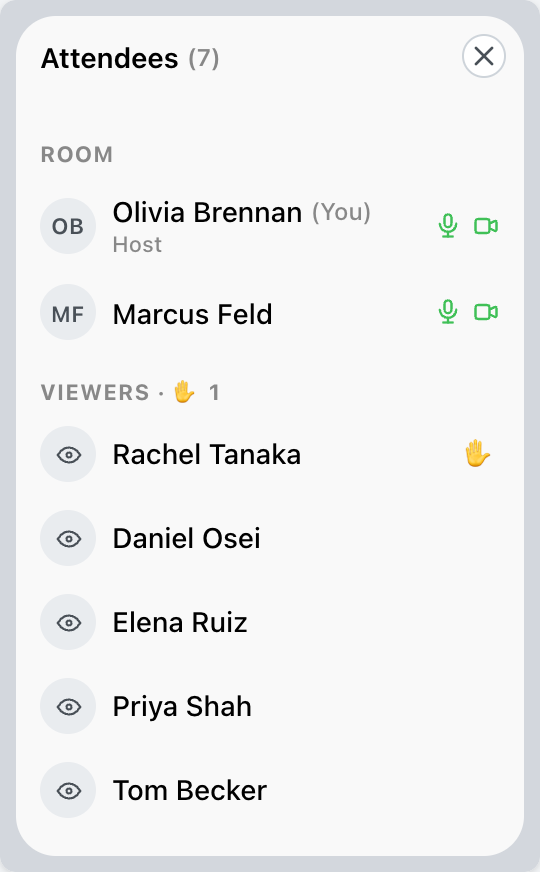 Attendee list with two speakers under Room and five viewers under Viewers, one with a hand raised