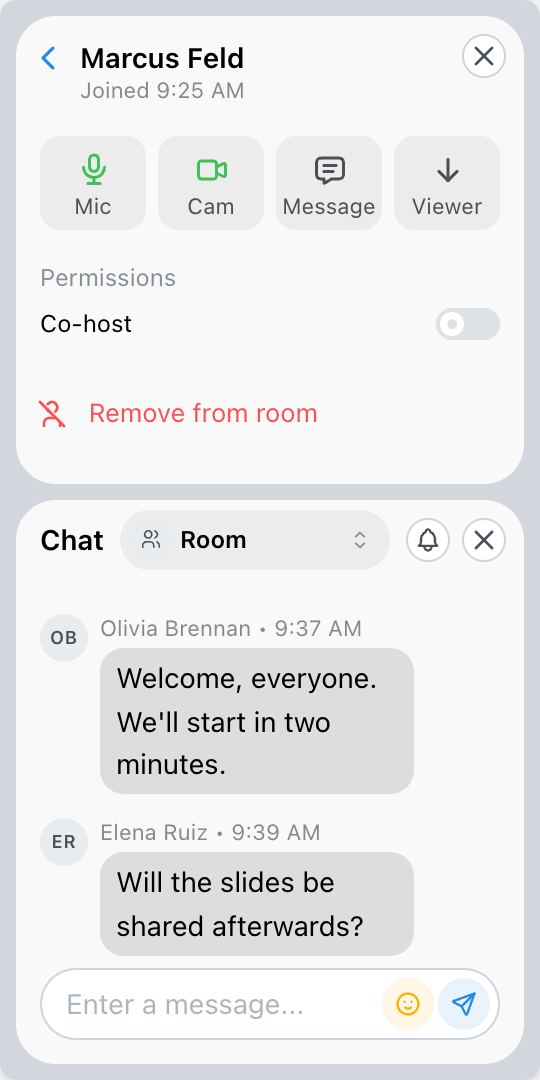 A speaker's card with Mic, Cam, Message and Viewer, the Co-host switch, and Remove from room