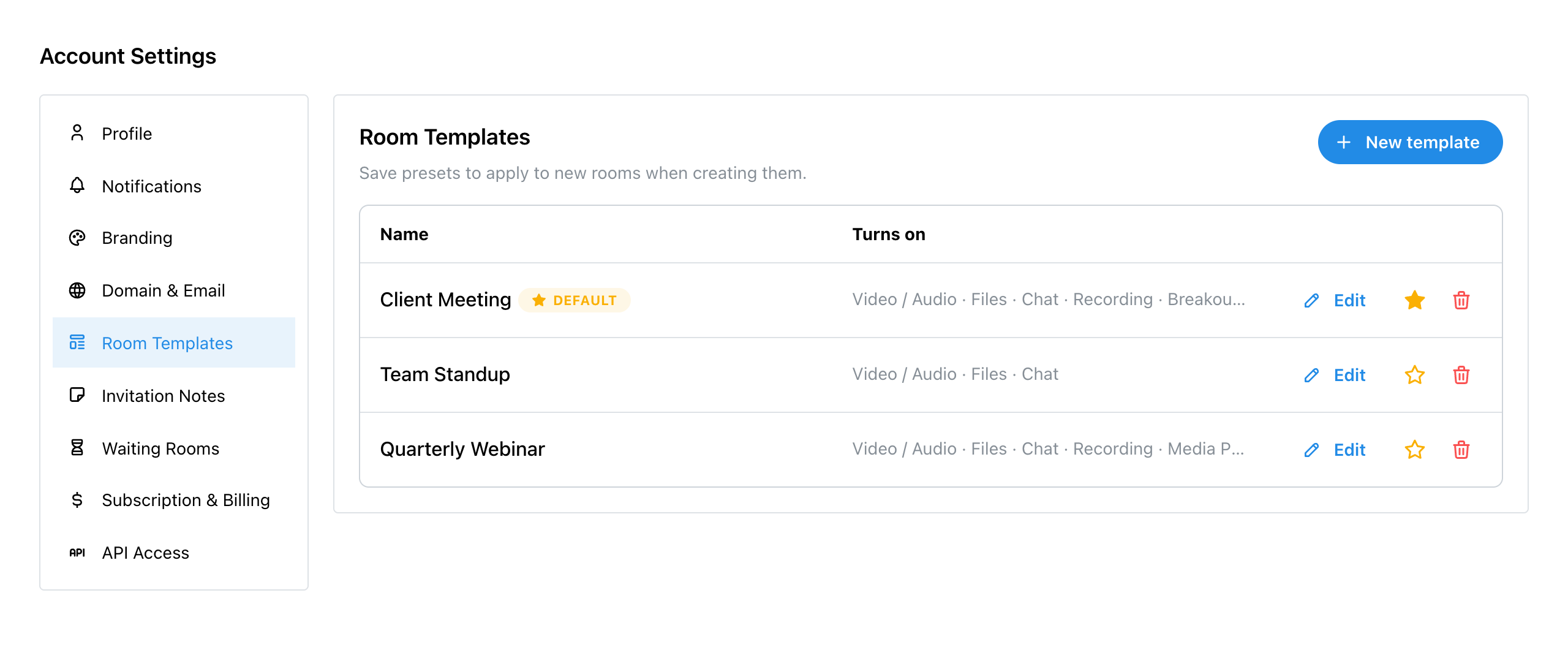 Settings, Room Templates, listing Client Meeting as the default, Team Standup and Quarterly Webinar