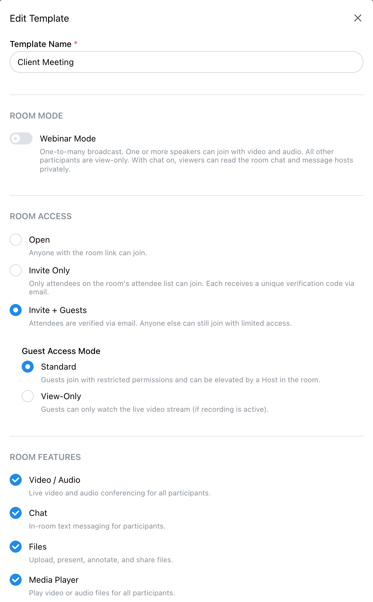 The top of the template editor: Template Name, Room Mode, Room Access and Room Features