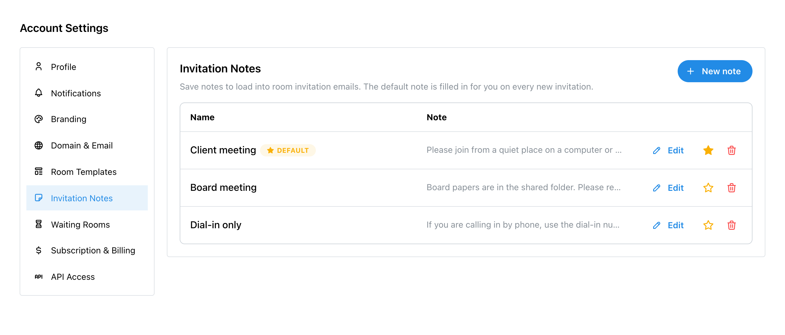 Settings, Invitation Notes, listing Client meeting as the default, Board meeting and Dial-in only