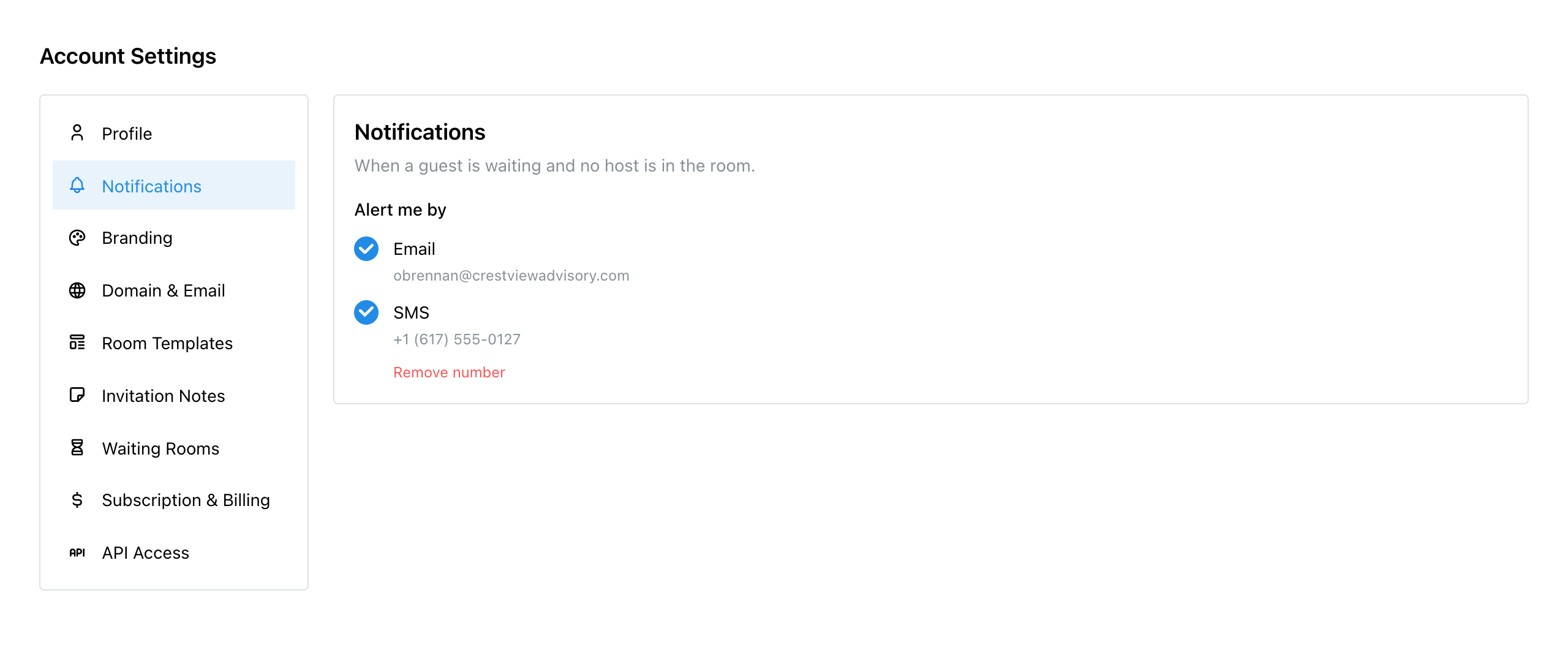 Settings, Notifications, with alerts by Email and by SMS to a verified mobile number