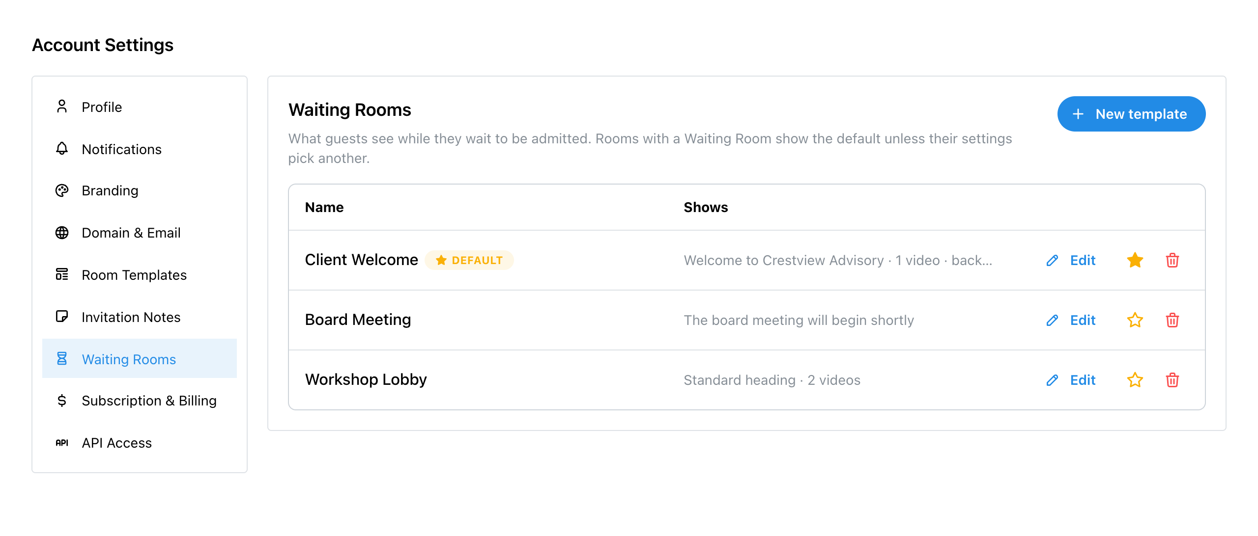 Settings, Waiting Rooms, listing three templates with Client Welcome as the default