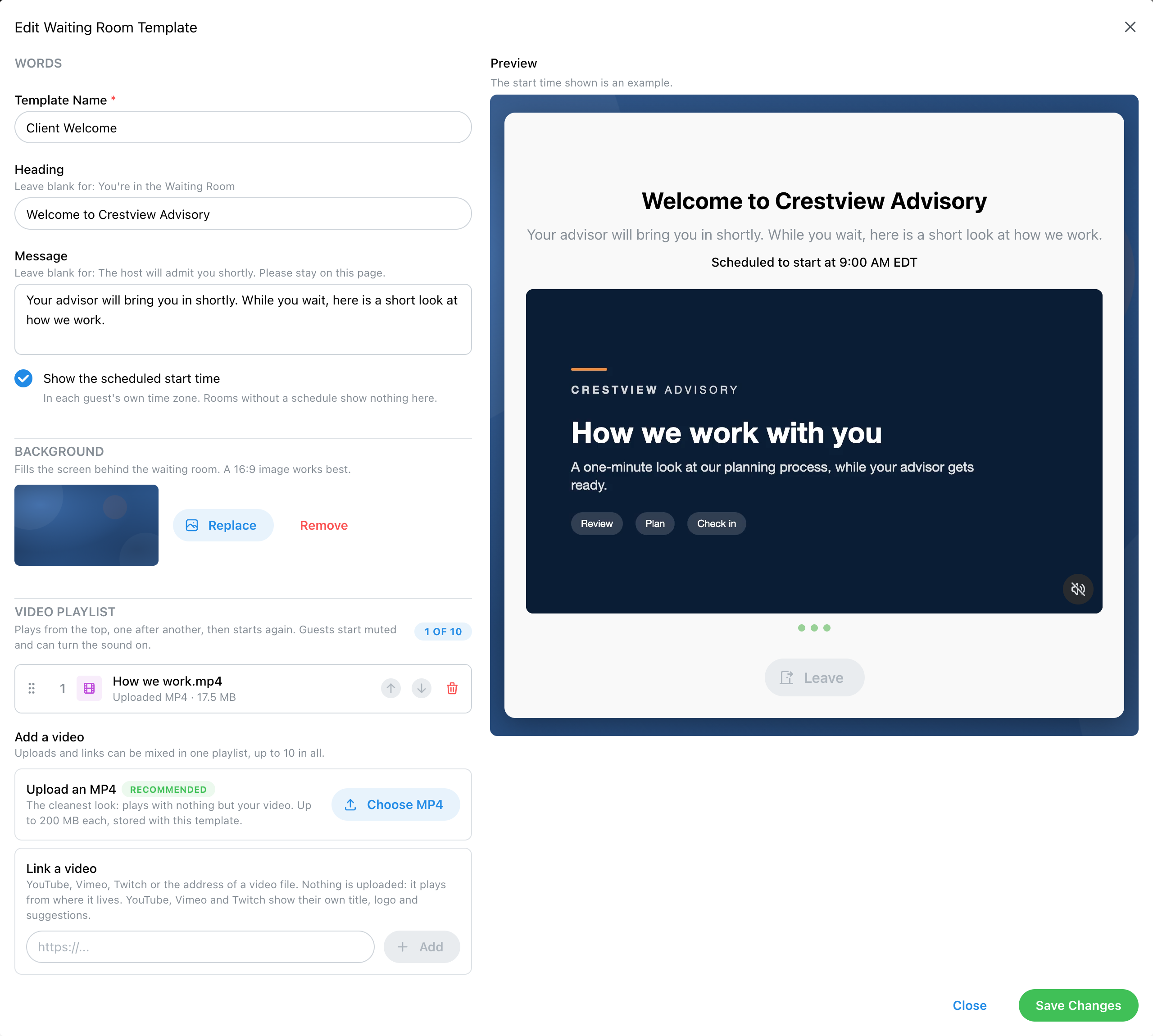 Editing the Client Welcome template: words, background, a one-video playlist, and the preview