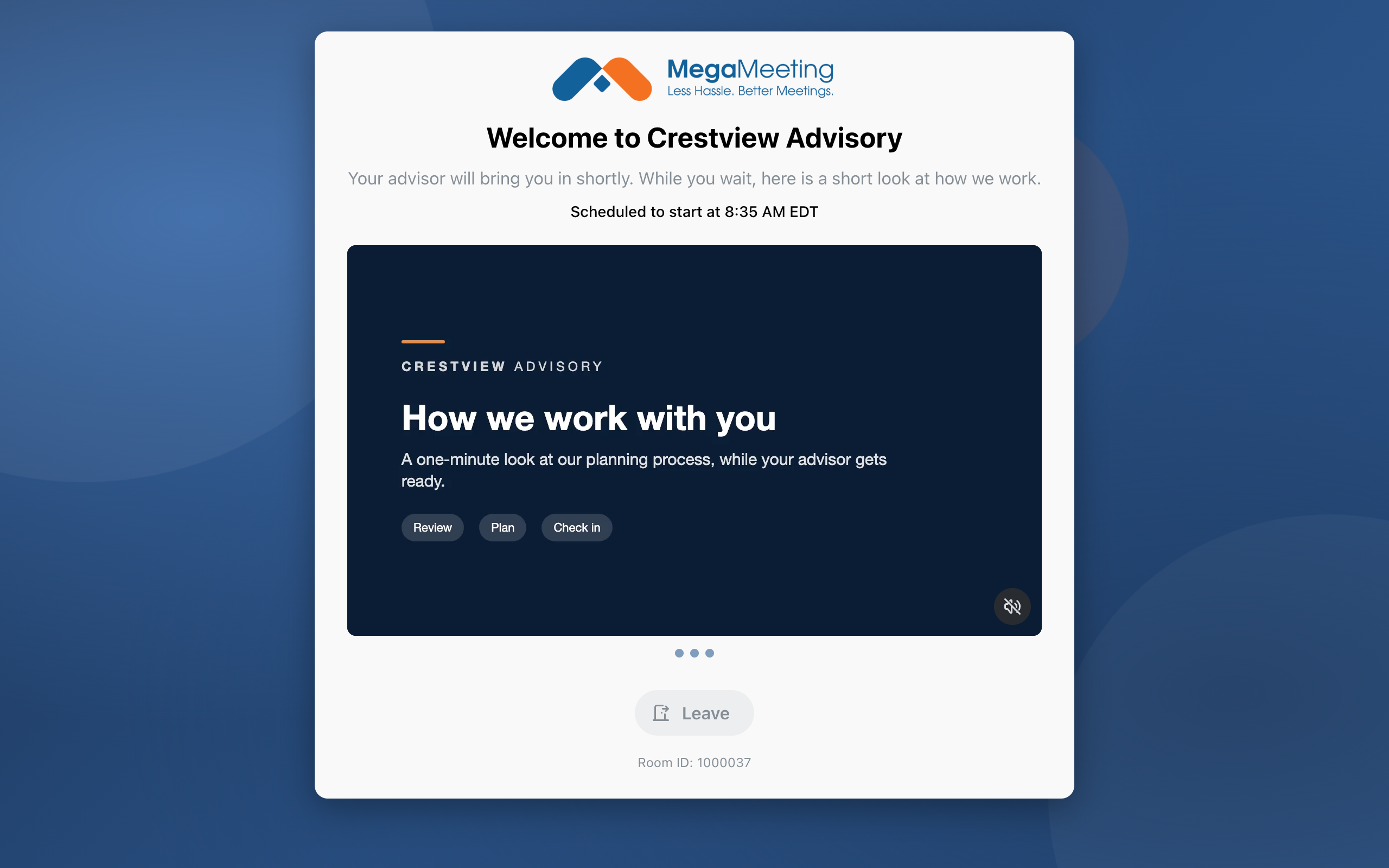 A guest's waiting screen with the Crestview welcome, the start time and a video, over a blue background