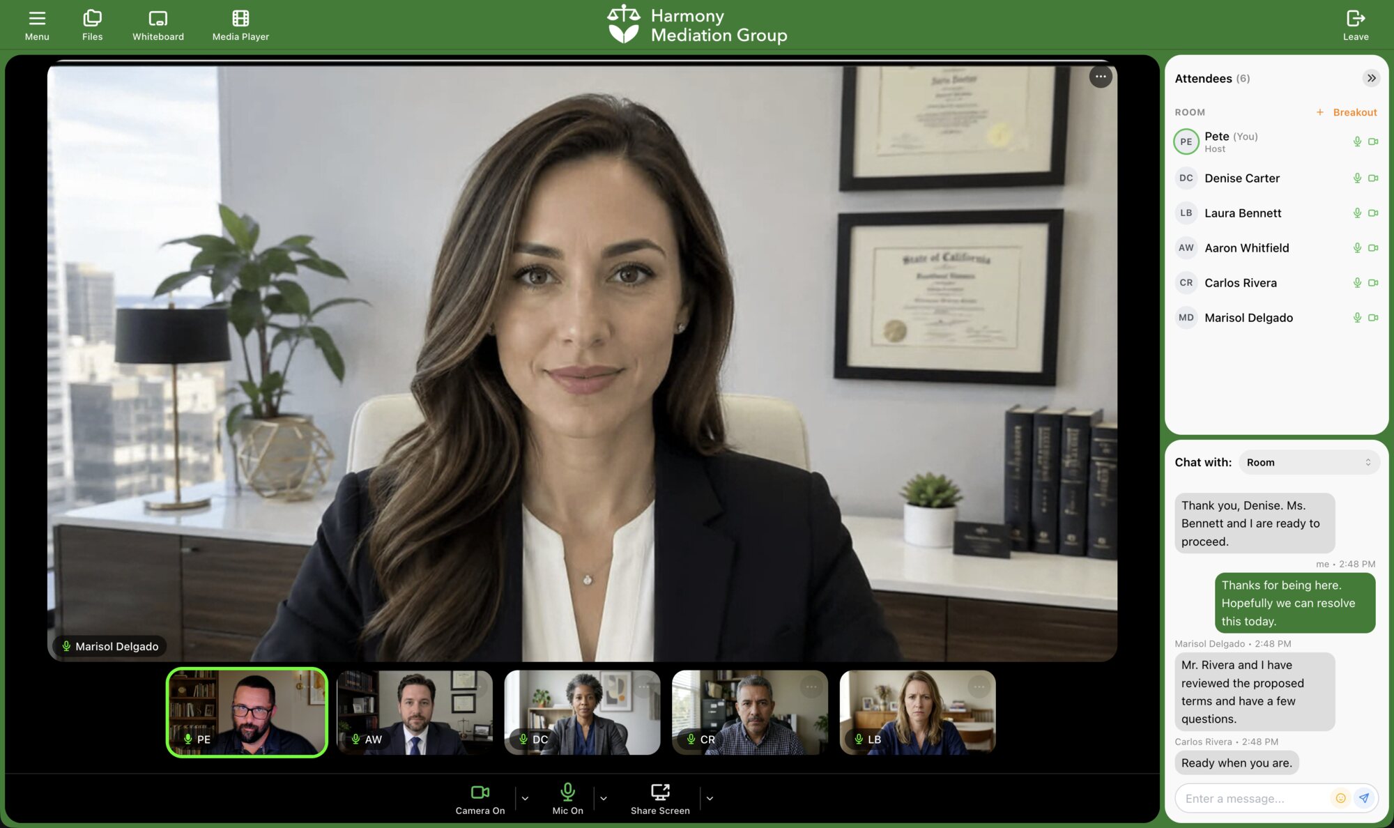 A meeting in Harmony Mediation Group's branding: the logo in a green header and a green room frame
